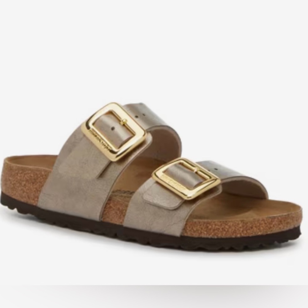 Birkenstock Sandals in Taupe with Gold Buckles